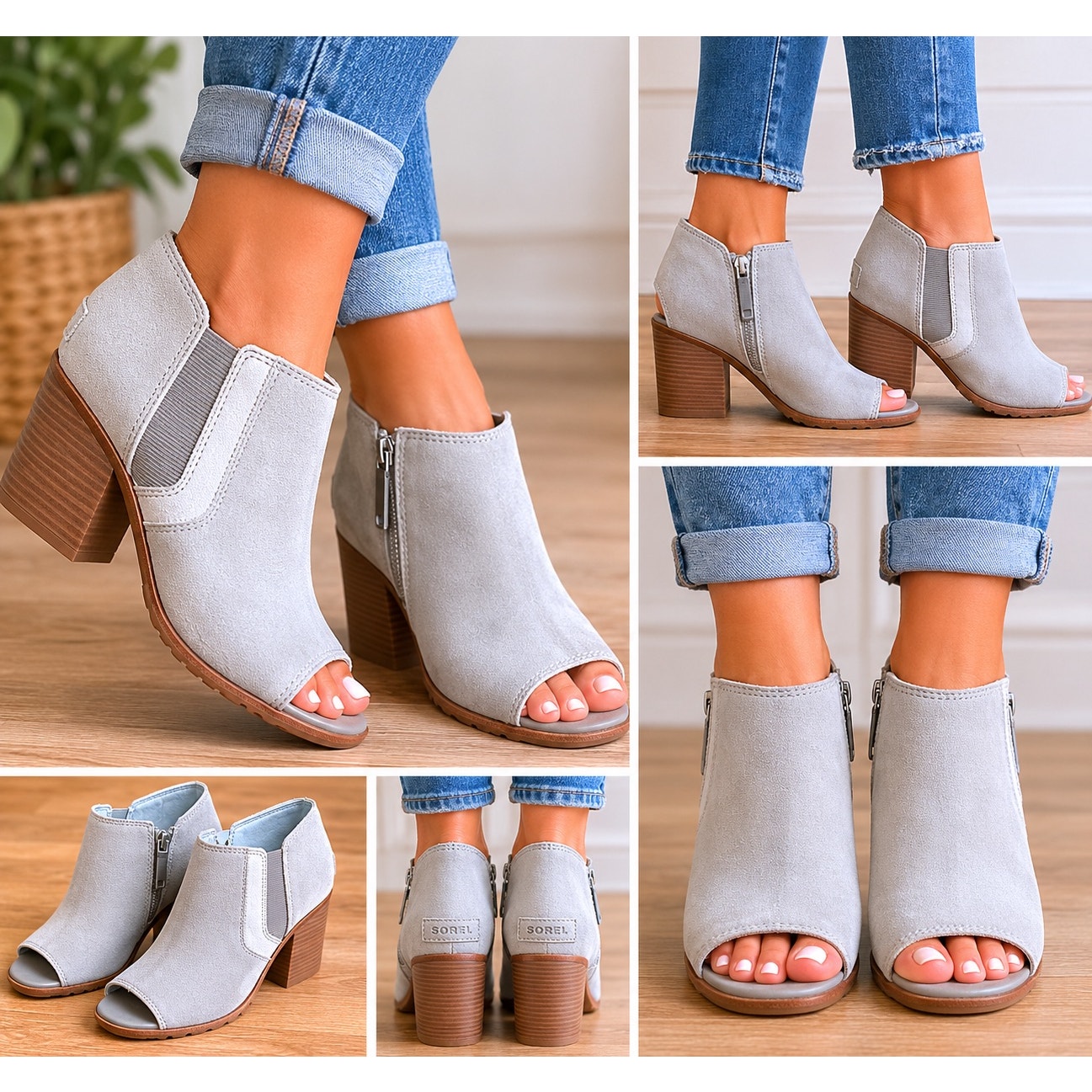 Sorel Gray Suede Peep Toe Ankle Booties Block Heel Side Zip Women’s Size 9